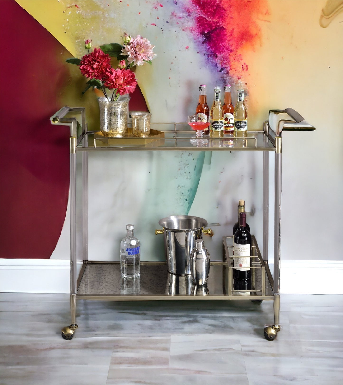 Vintage Elegance Brass Finish Serving Cart Antique Mirror