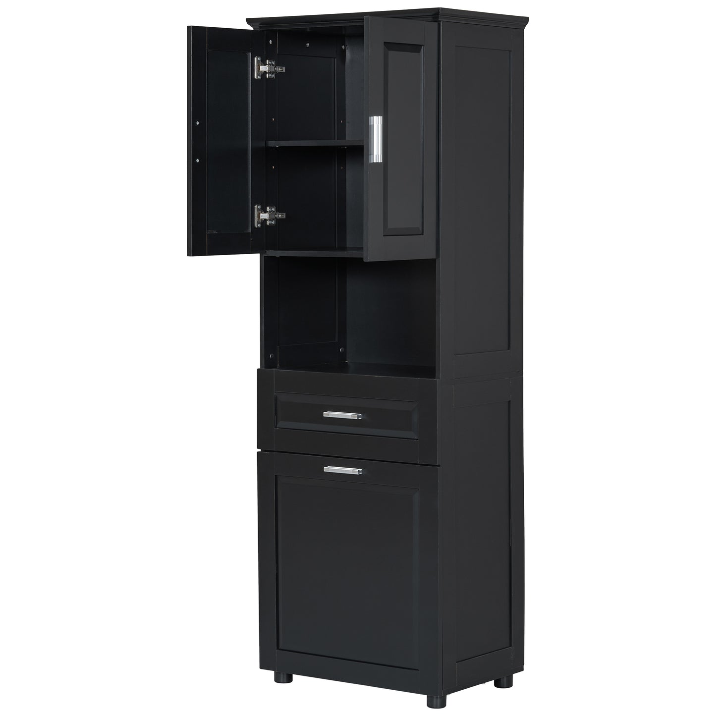 Stylish Tall Black Bathroom Storage Cabinet with Removable Laundry Basket and Ample Organizing Space