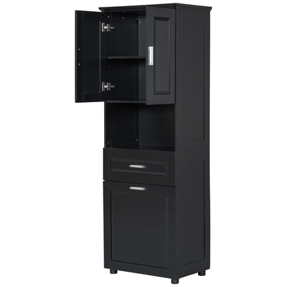 Stylish Tall Black Bathroom Storage Cabinet with Removable Laundry Basket and Ample Organizing Space