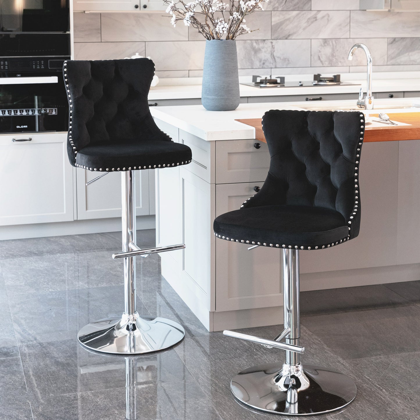 Adjustable Swivel Velvet Bar Stools Set of 2 Black Chrome