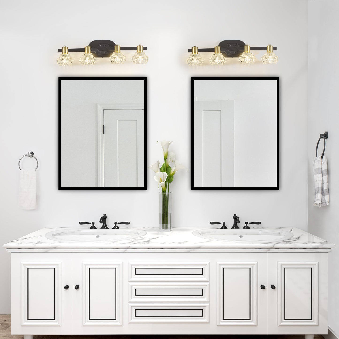 Vintage 4-Light Wall Sconce with Crystal Shades for Hallway or Bathroom Vanity, Black Iron Finish