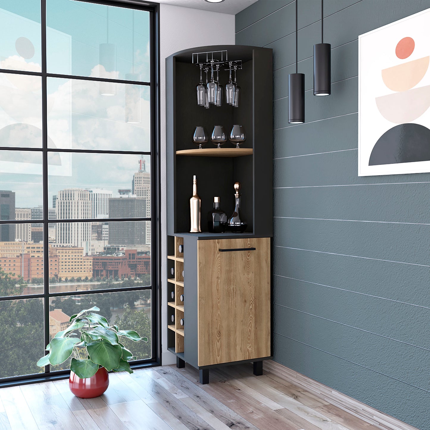 Elegant Black Wengue Bar Cabinet 10 Bottle Cup Rack Shelves