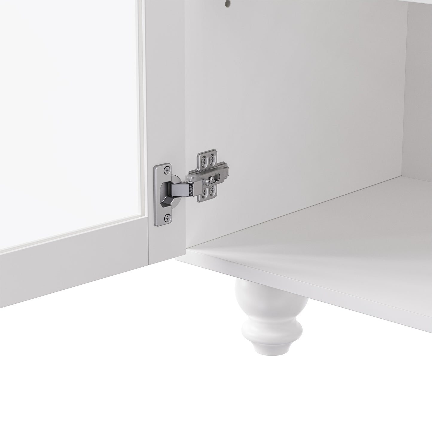 ON-TREND Farmhouse TV Stand with Tempered Glass Doors for TVs Up to 70", Versatile Sideboard with Adjustable Shelves, Elegant Buffet Cabinet with 5 Solid Wood Gourd-Shaped Legs for Living Room, White