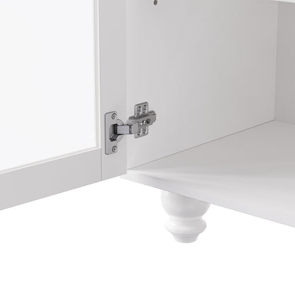 ON-TREND Farmhouse TV Stand with Tempered Glass Doors for TVs Up to 70", Versatile Sideboard with Adjustable Shelves, Elegant Buffet Cabinet with 5 Solid Wood Gourd-Shaped Legs for Living Room, White