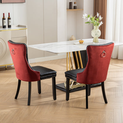 Modern Tufted Solid Wood Dining Chairs, PU & Velvet, Wood Legs, Set of 2, Black + Burgundy