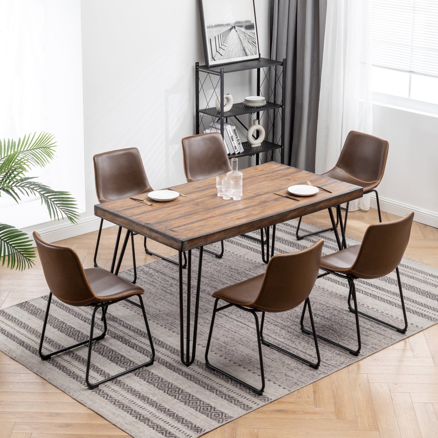 Industrial 7 Piece Dining Set MDF Metal Antique Brown