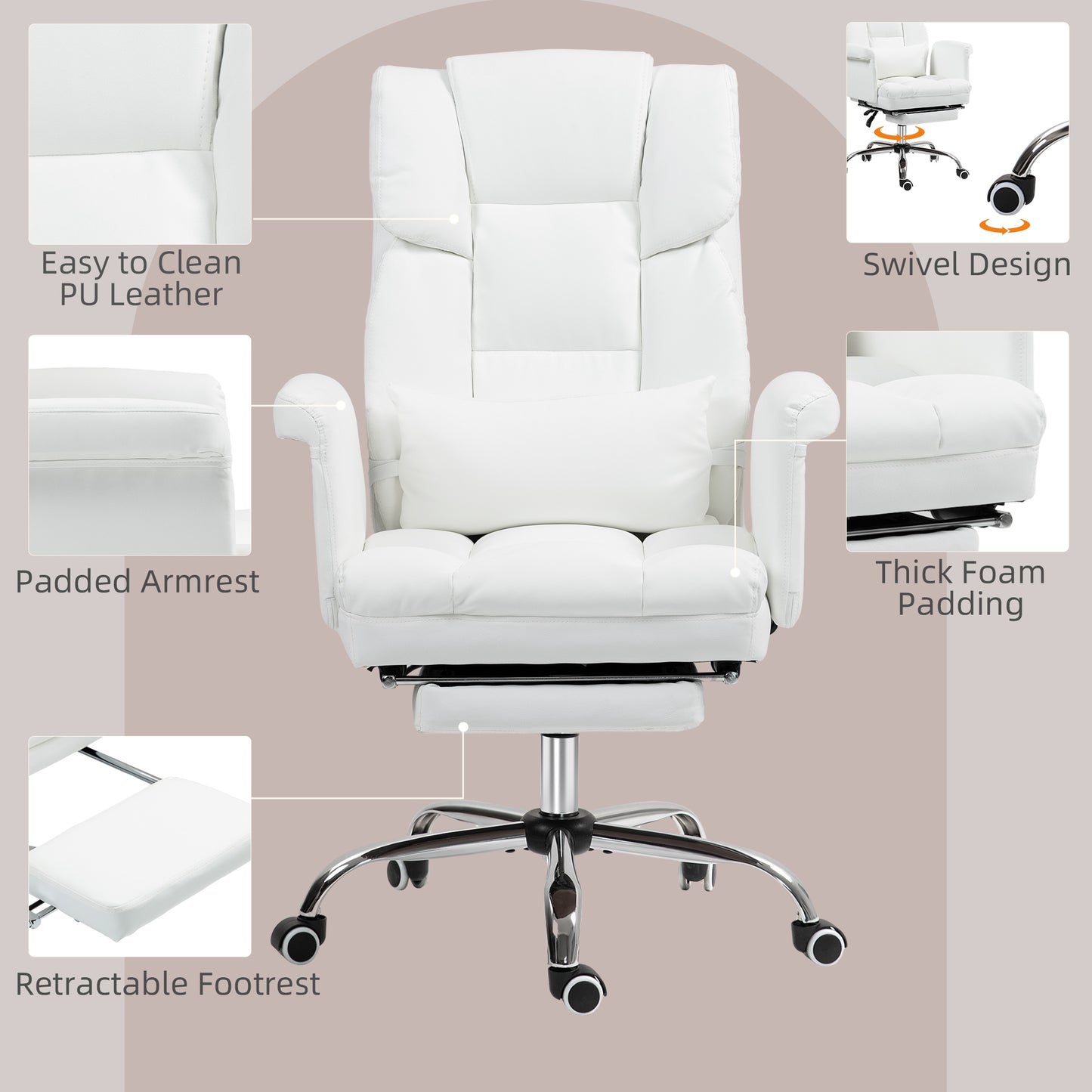 Luxurious White PU Leather Ergonomic Office Chair with Reclining Function, Footrest, and Lumbar Support