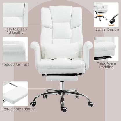 Luxurious White PU Leather Ergonomic Office Chair with Reclining Function, Footrest, and Lumbar Support