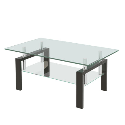 2-Tier Tempered Glass Coffee Table with Waterfall Edges, 39.37 x 23.62 in Living Room Center Table, Clear
