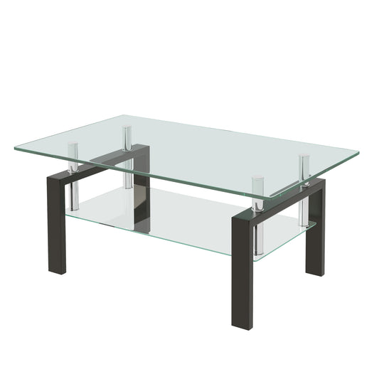 2-Tier Tempered Glass Coffee Table with Waterfall Edges, 39.37 x 23.62 in Living Room Center Table, Clear