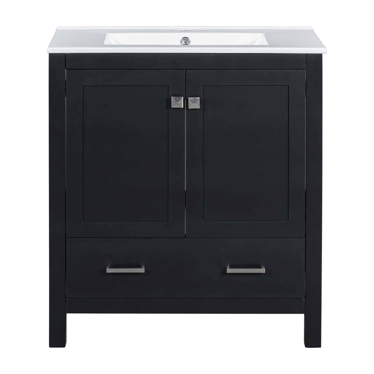30-Inch Modern Black Bathroom Vanity with Single Sink and Soft-Close Doors, Stylish Storage Cabinet with Undermount Ceramic Basin, Durable Solid Wood Frame