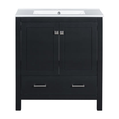 30-Inch Modern Black Bathroom Vanity with Single Sink and Soft-Close Doors, Stylish Storage Cabinet with Undermount Ceramic Basin, Durable Solid Wood Frame
