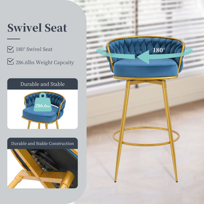Swivel Counter Height Bar Stools Set of 2 Blue Gold Legs