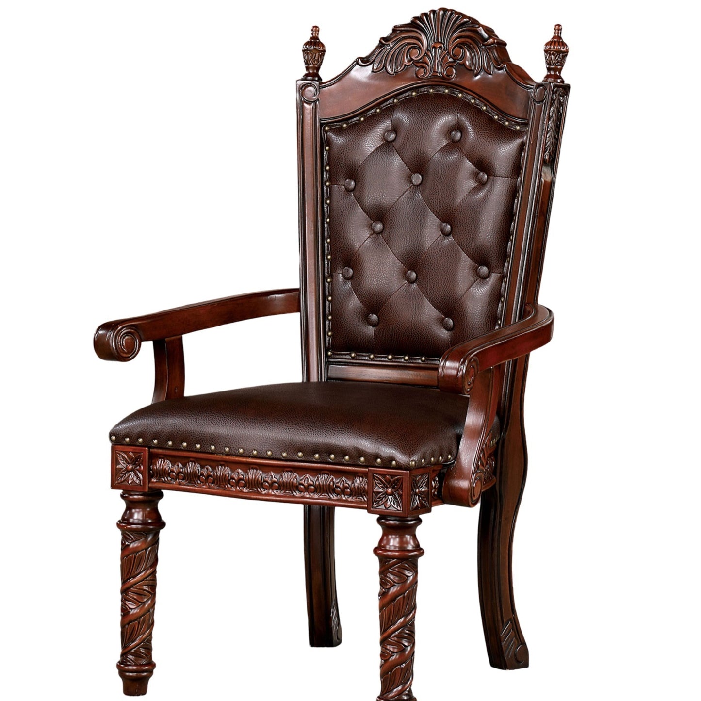 Traditional 2pcs Arm Chairs Brown Cherry Solid wood Dark Brown Leatherette Seats Tufted Back Formal Dining Room Furniture