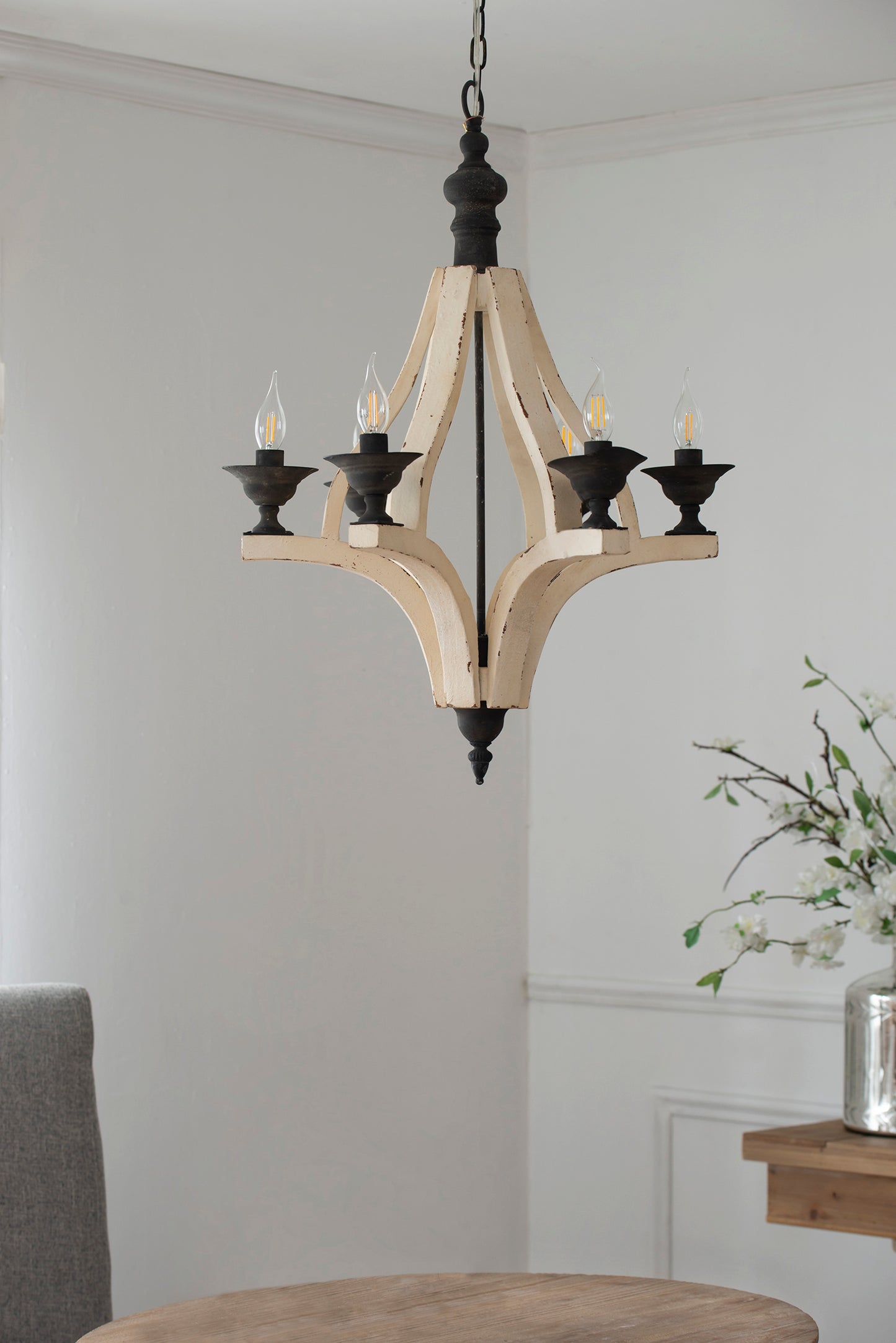 6-Light Wood Chandelier with Adjustable Chain for Kitchen/Dining/Foyer, 60W Bulbs Not Included Cream