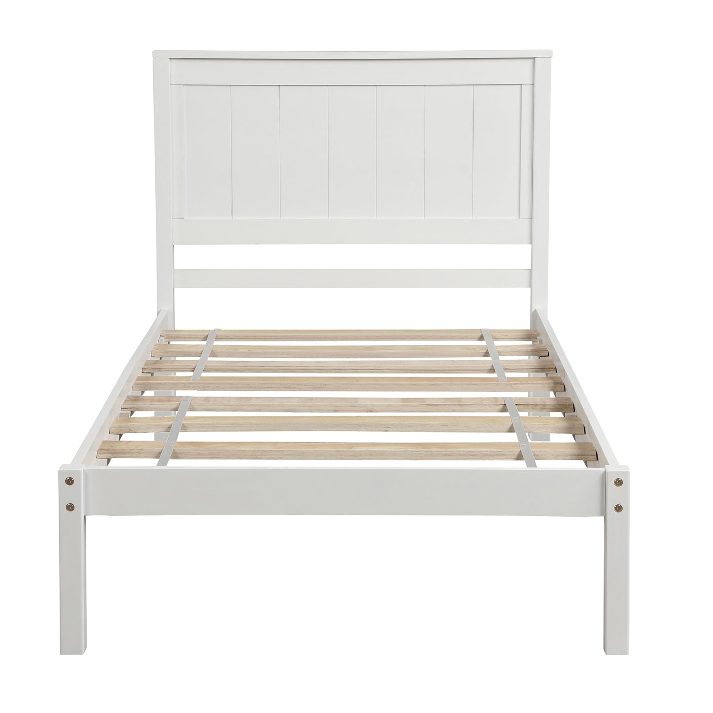 Modern Twin Platform Bed Frame with Rustic Headboard and Wood Slat Support, No Box Spring Required, White