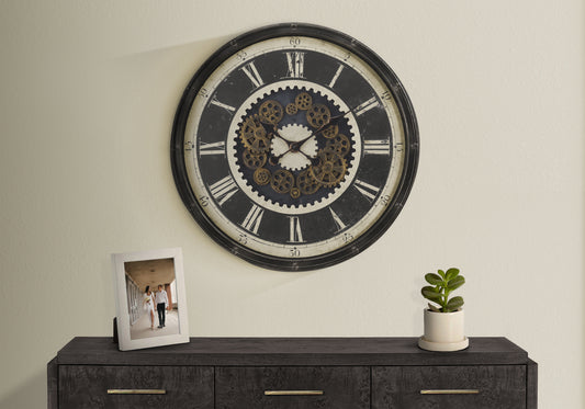 30-Inch Round Wall Clock with Open Gear Mechanism, Oversized Quartz Clock, Glass Face, Indoor Use Brown