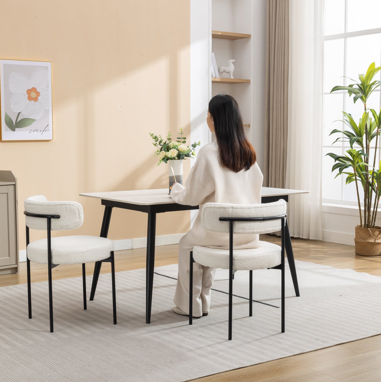 Set of 2 Modern Round Boucle Dining Chairs with Foam Cushions, 20.25W x 20.25D x 29H, Iron Legs, White
