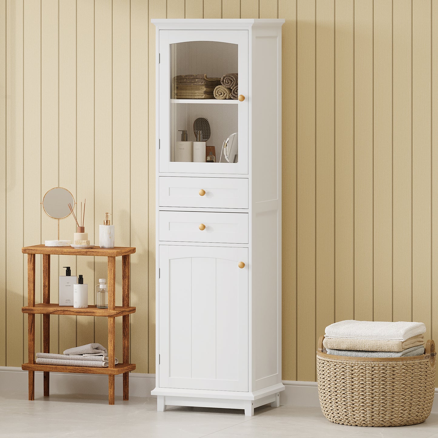 Elegant 63" Tall White Bathroom Storage Cabinet with Glass Doors, Two Drawers, Adjustable Shelves, and Anti-Tipping Design - Perfect for Organizing and Displaying Essentials