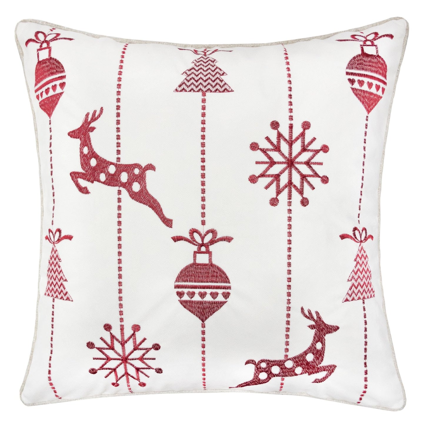 Christmas Throw Pillow with Red Reindeer Embroidery 20x20 Cotton Blend Cover Hidden Zipper Sofa Bed White