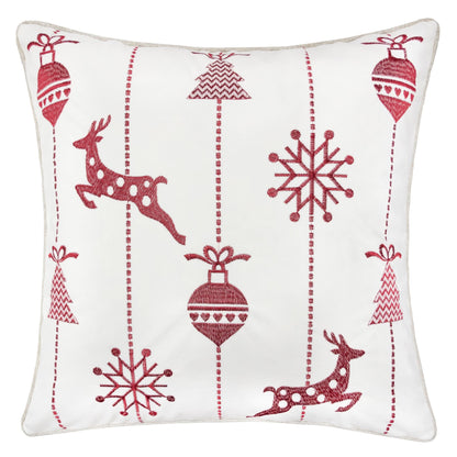 Christmas Throw Pillow with Red Reindeer Embroidery 20x20 Cotton Blend Cover Hidden Zipper Sofa Bed White