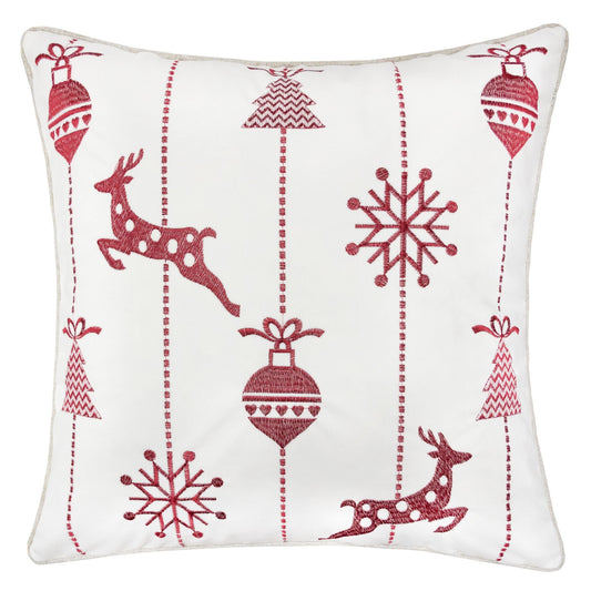 Christmas Throw Pillow with Red Reindeer Embroidery 20x20 Cotton Blend Cover Hidden Zipper Sofa Bed White
