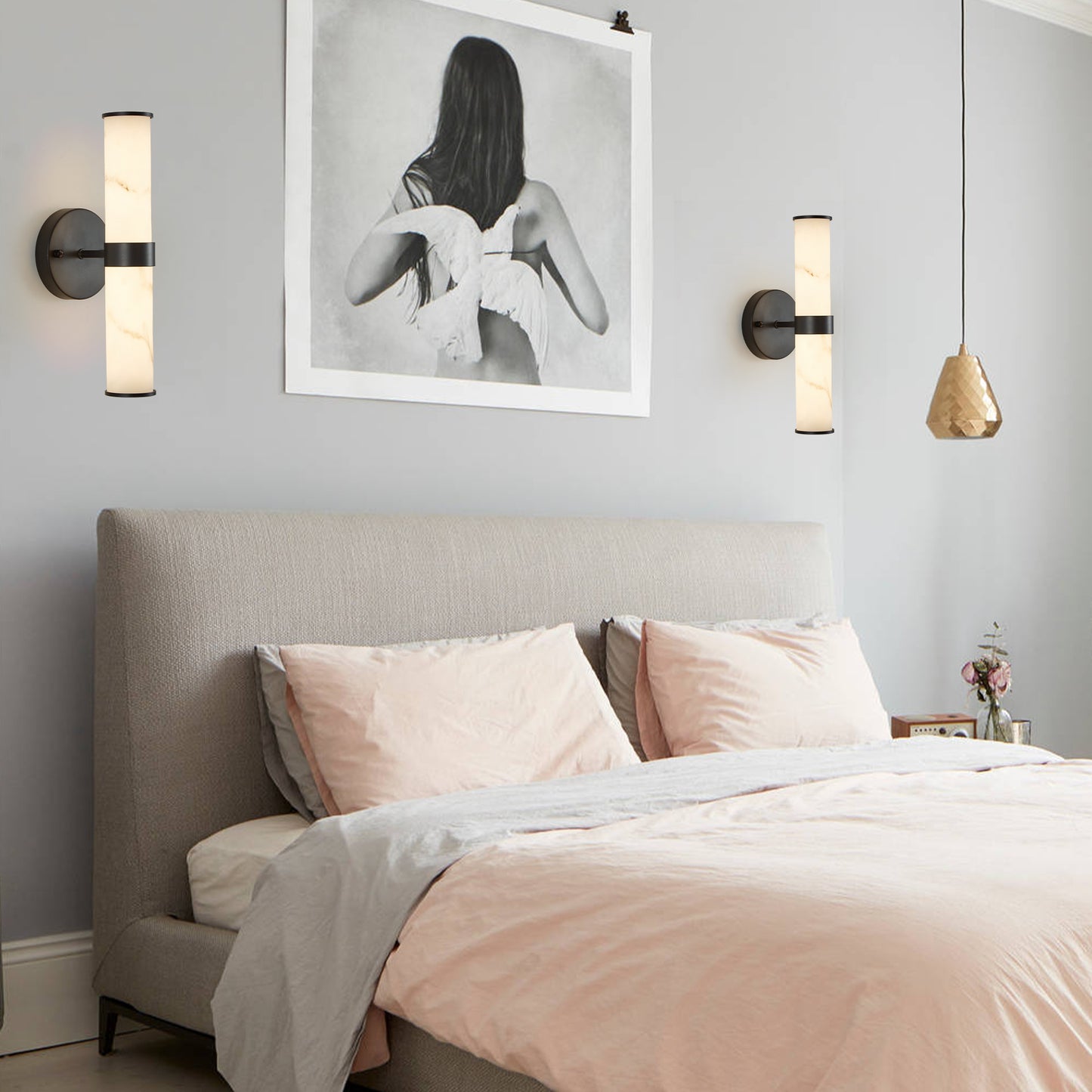 2-Pack Faux Marble Resin Wall Sconces – Indoor Hallway, Bathroom, Bedroom Lighting, Black Iron Finish