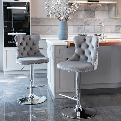 Velvet Bar Stools Swivel Adjustable 25 To 33 Gray Set 2