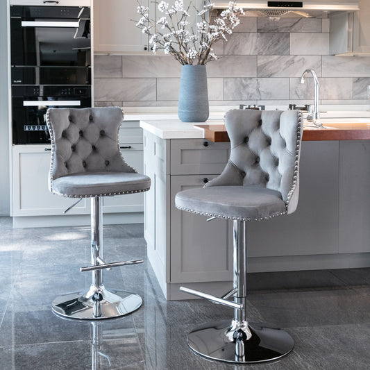 Velvet Bar Stools Swivel Adjustable 25 To 33 Gray Set 2