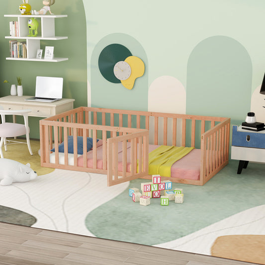 Natural Twin Size Wooden Floor Bed Frame with Playful Fence and Door