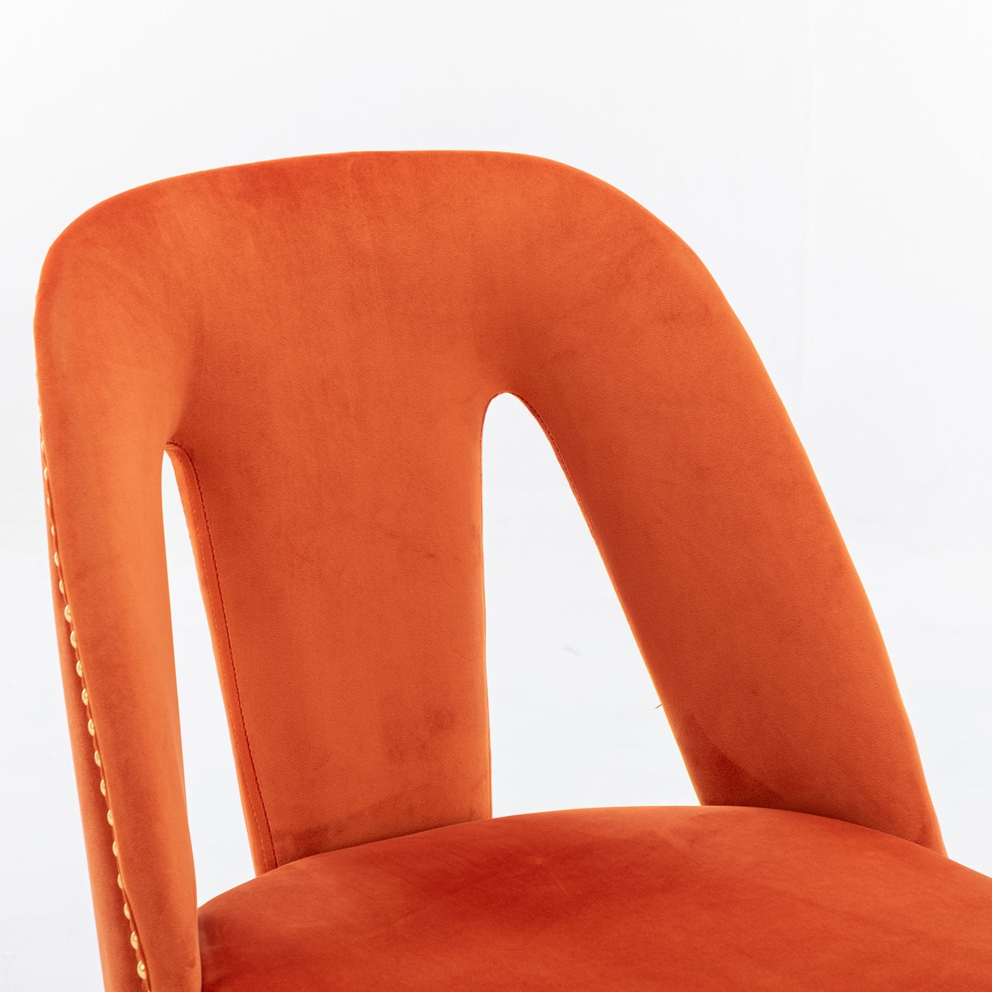 Set of 2 Velvet Upholstered Dining Chairs with Nailhead Trim and Gold-Tipped Black Metal Legs, Orange