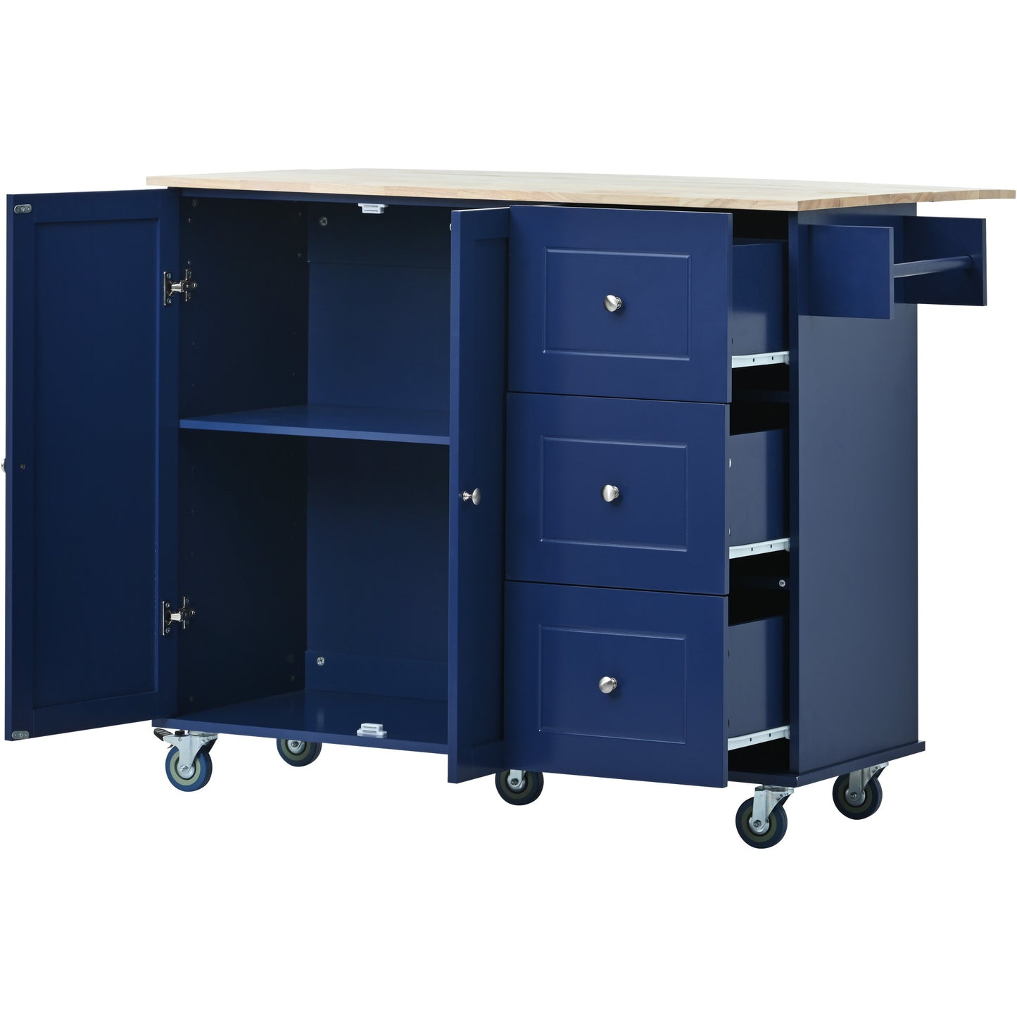 Versatile Rolling Kitchen Cart with Drop Leaf - Sturdy Solid Wood Top, Locking Wheels & Ample Storage (Dark Blue)
