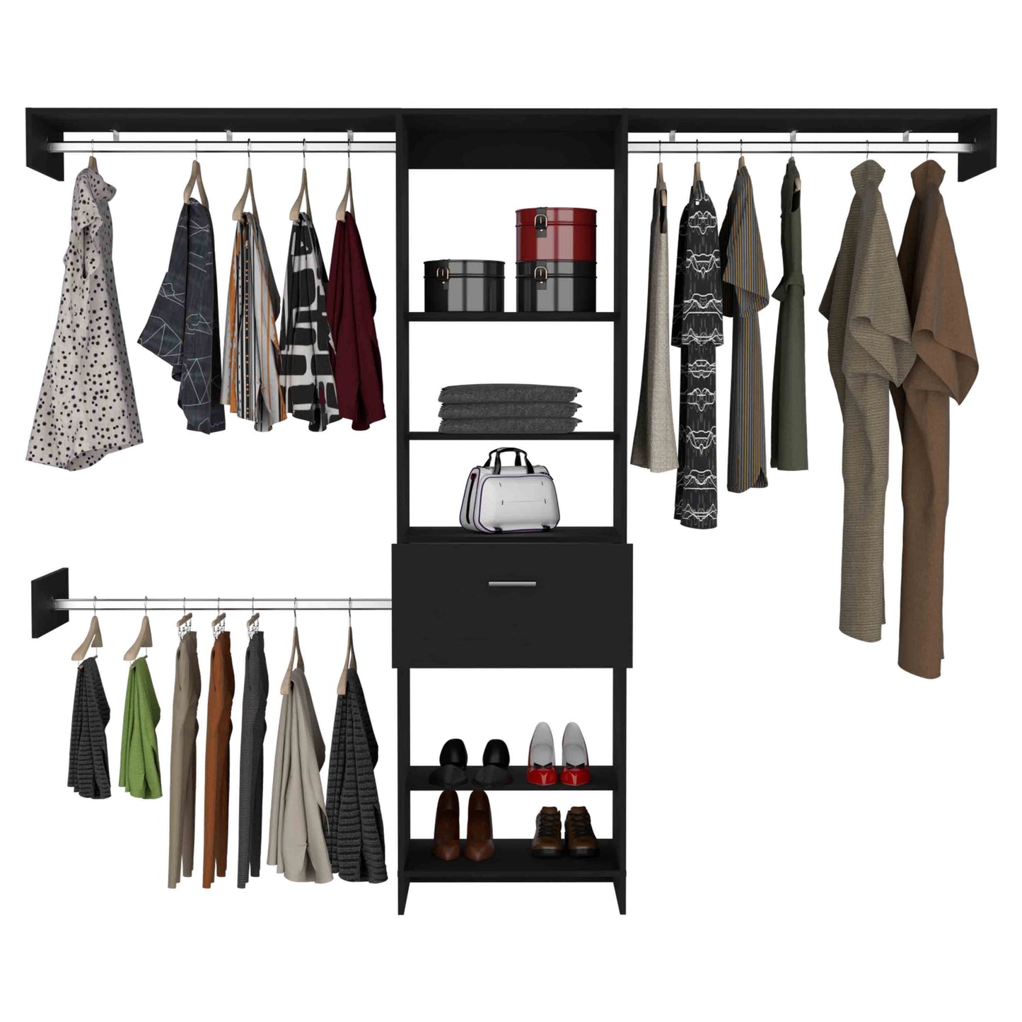 Manchester 250 Modern Closet Organizer with Five Shelves, One Drawer, and Three Metal Hanging Rods - Black