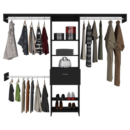 Manchester 250 Modern Closet Organizer with Five Shelves, One Drawer, and Three Metal Hanging Rods - Black