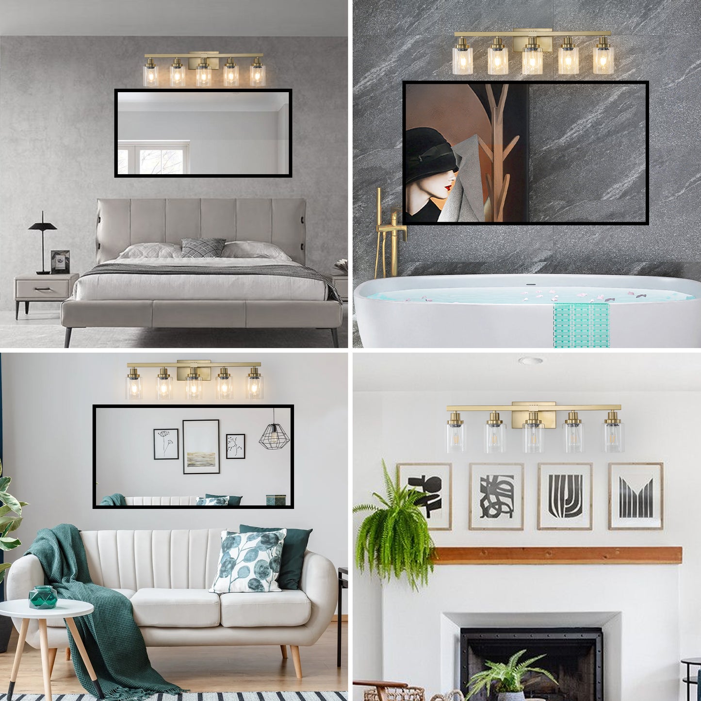 Five-Bulb Vanity Light with Clear Glass Shades Wall Fixture for Bathroom Bulbs Not Included Gold Finish