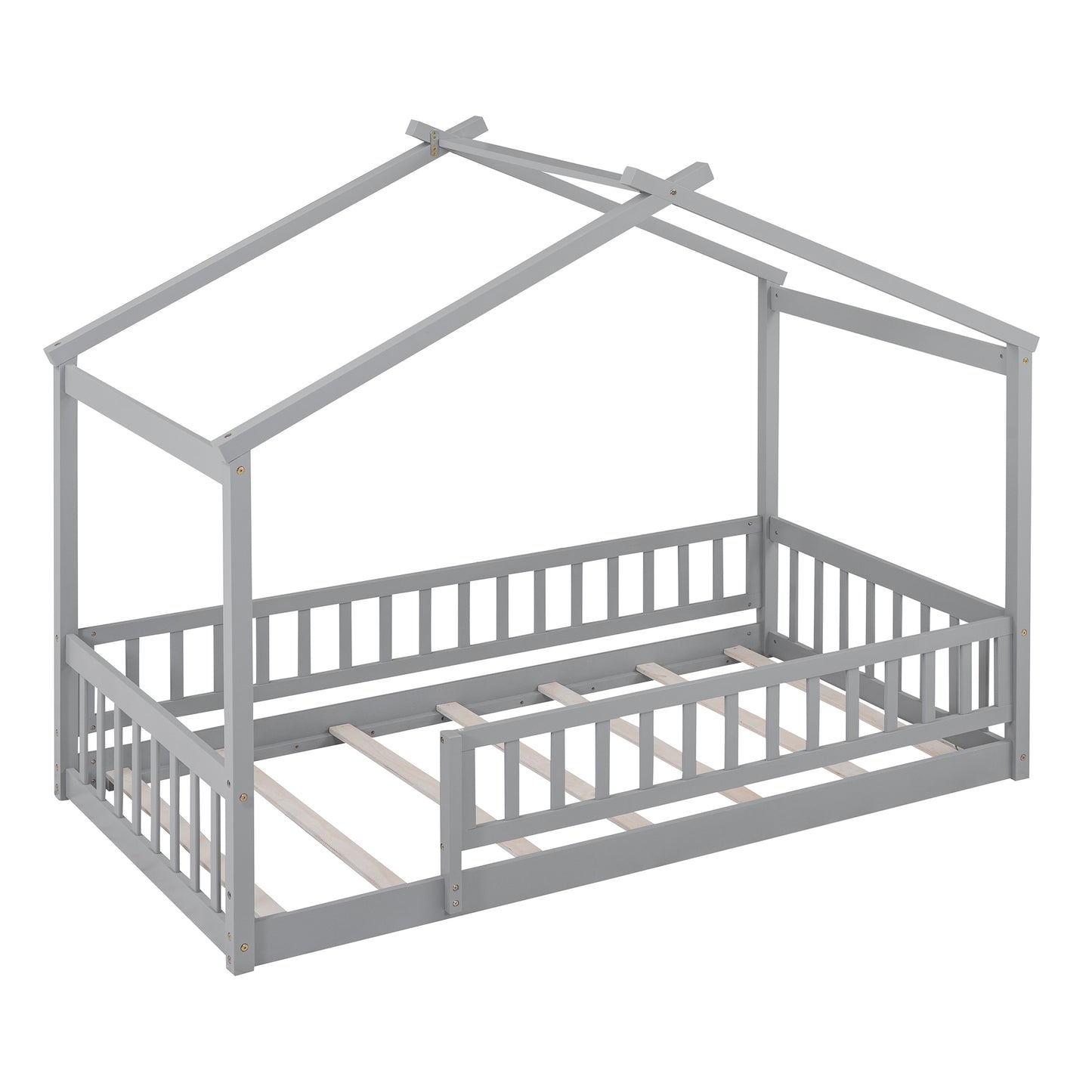 Whimsical Twin Wooden House Bed Frame with Fenced Design for Kids and Teens - Gray