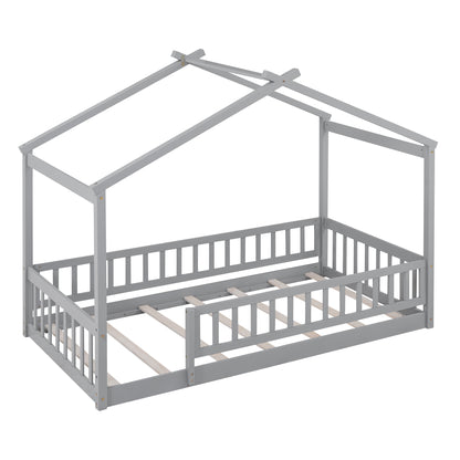 Whimsical Twin Wooden House Bed Frame with Fenced Design for Kids and Teens - Gray