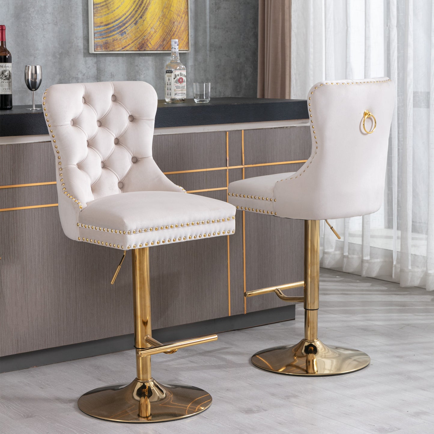 Beige Velvet Swivel Bar Stools Set Of 2 Adjustable