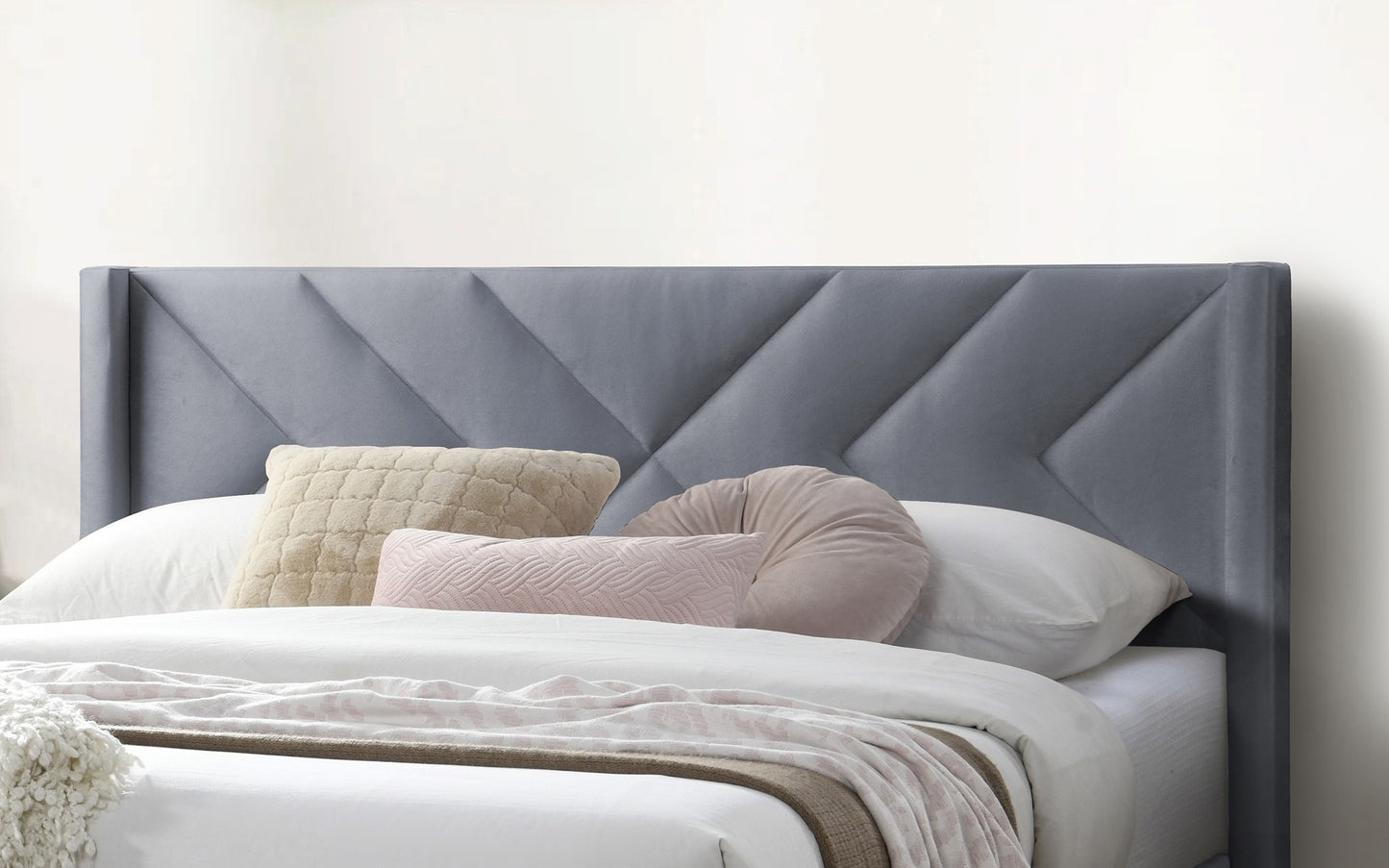 Stylish Gray Velvet Queen Bed Frame with Geometric Headboard – Modern Upholstered Design