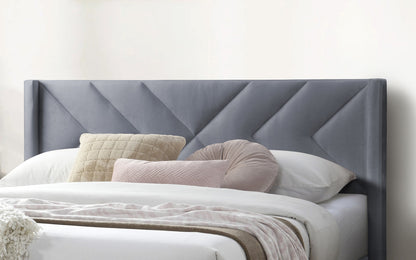 Stylish Gray Velvet Queen Bed Frame with Geometric Headboard – Modern Upholstered Design