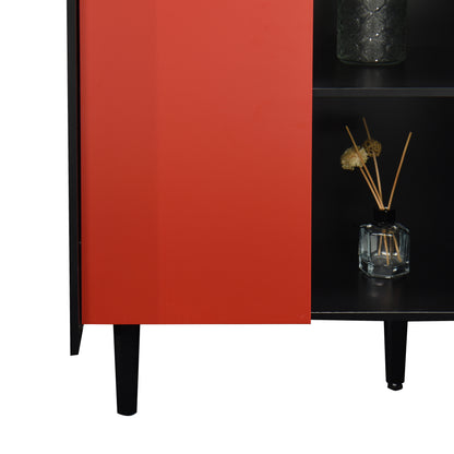 Sideboard Buffet Cabinet, Black Storage Cabinet with Red Doors , 2 Drawers with unique panel styling and 2 Open Storage Compartment, Modern Coffee Bar Cabinet Accent Cabinet for Kitchen, Dining Room,