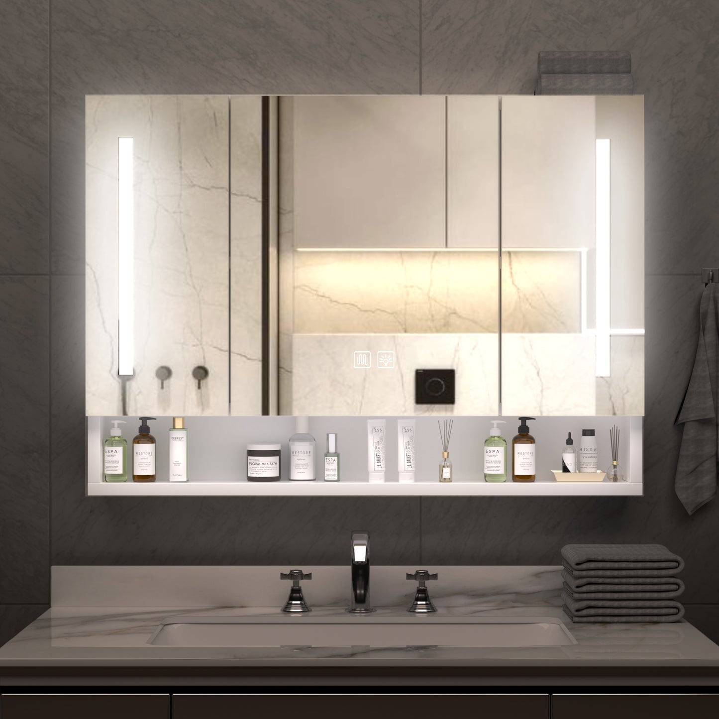 Modern 39x28 inches bathroom cabinets, medicine cabinets with mirrors and LED lights, bathroom storage cabinet with multilevel storage compartments