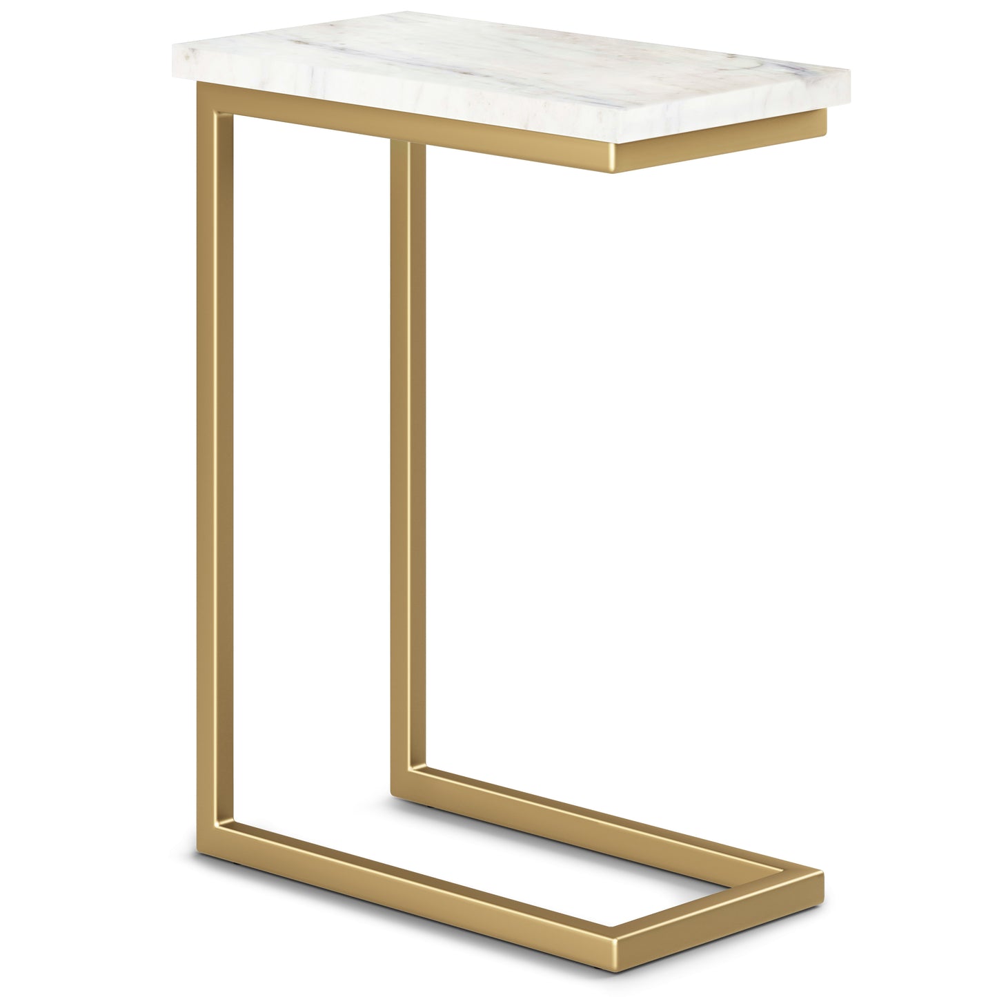 Marble-Top C-Shape Side Table, 18 x 10 x 24 in, Metal Frame, Black Finish, Living Room End Table White/Gold