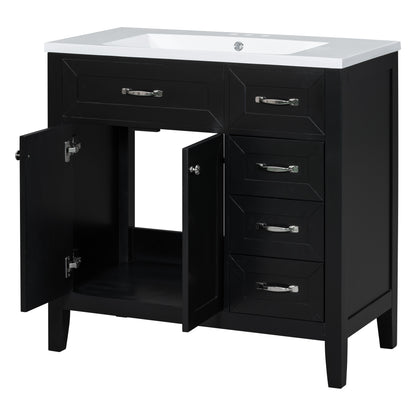 Stylish 36-Inch Black Bathroom Vanity with Integrated Sink, Durable MDF and Solid Wood Construction, Convenient Storage Drawers