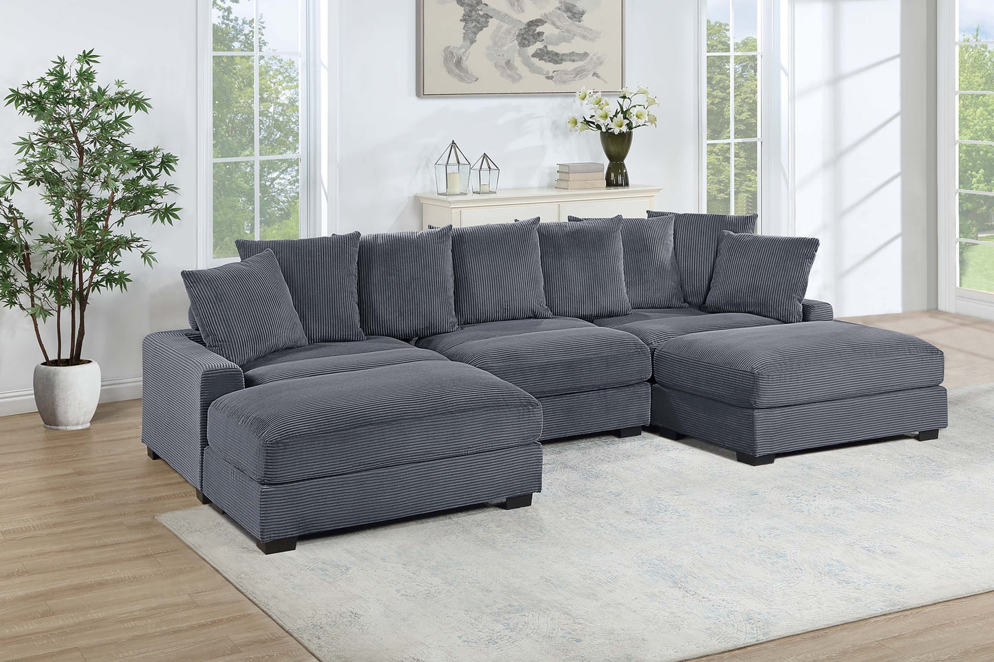 5-Piece Modular Sectional: LAF/RAF Chairs, Armless Chair, 2 Ottomans, Corduroy Upholstery Dark Gray