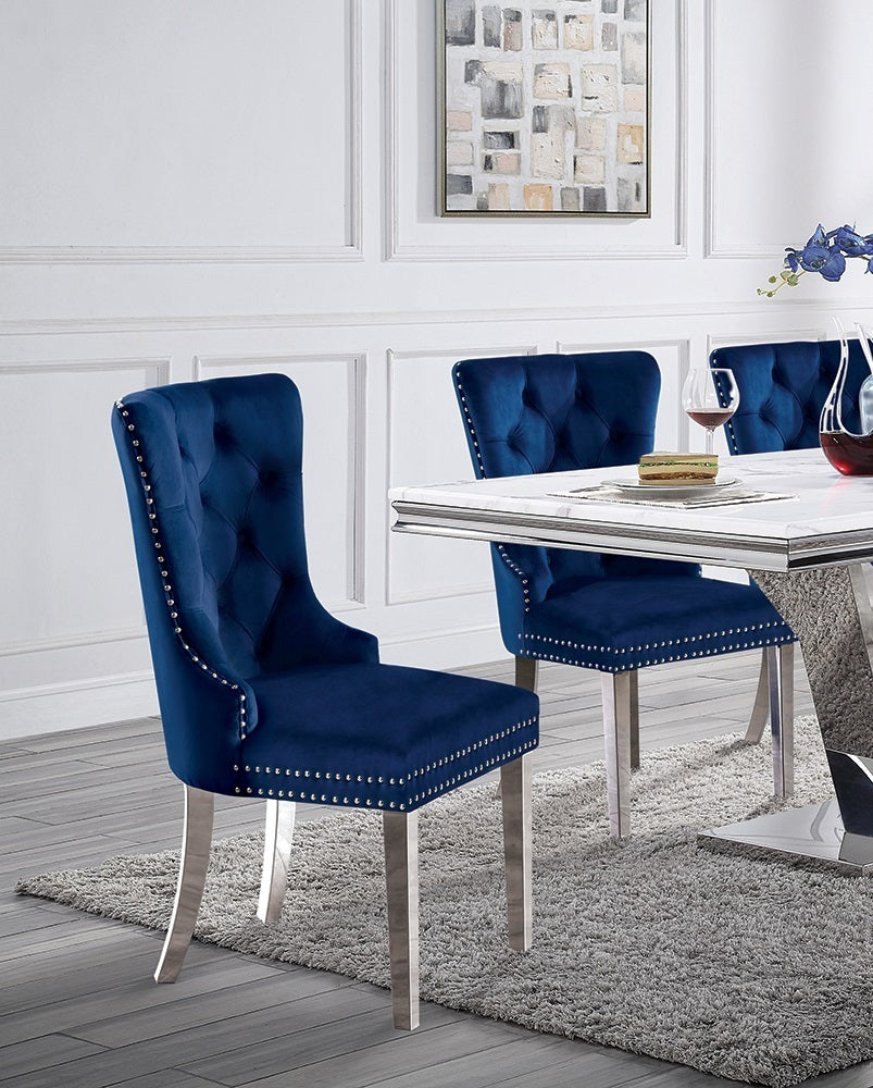 2-Piece Wingback Dining Chairs, Button-Tufted Upholstery, Solid Wood Frame, Chrome Legs - Blue