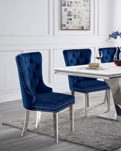 2-Piece Wingback Dining Chairs, Button-Tufted Upholstery, Solid Wood Frame, Chrome Legs - Blue