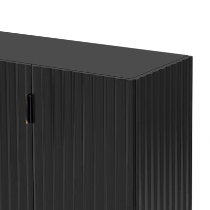 TREXM 4 Wavy Doors Ample Storage Space Sideboard with Adjustable Shelves and Retro Copper Handles for Dining Room and Living Room (BLACK)