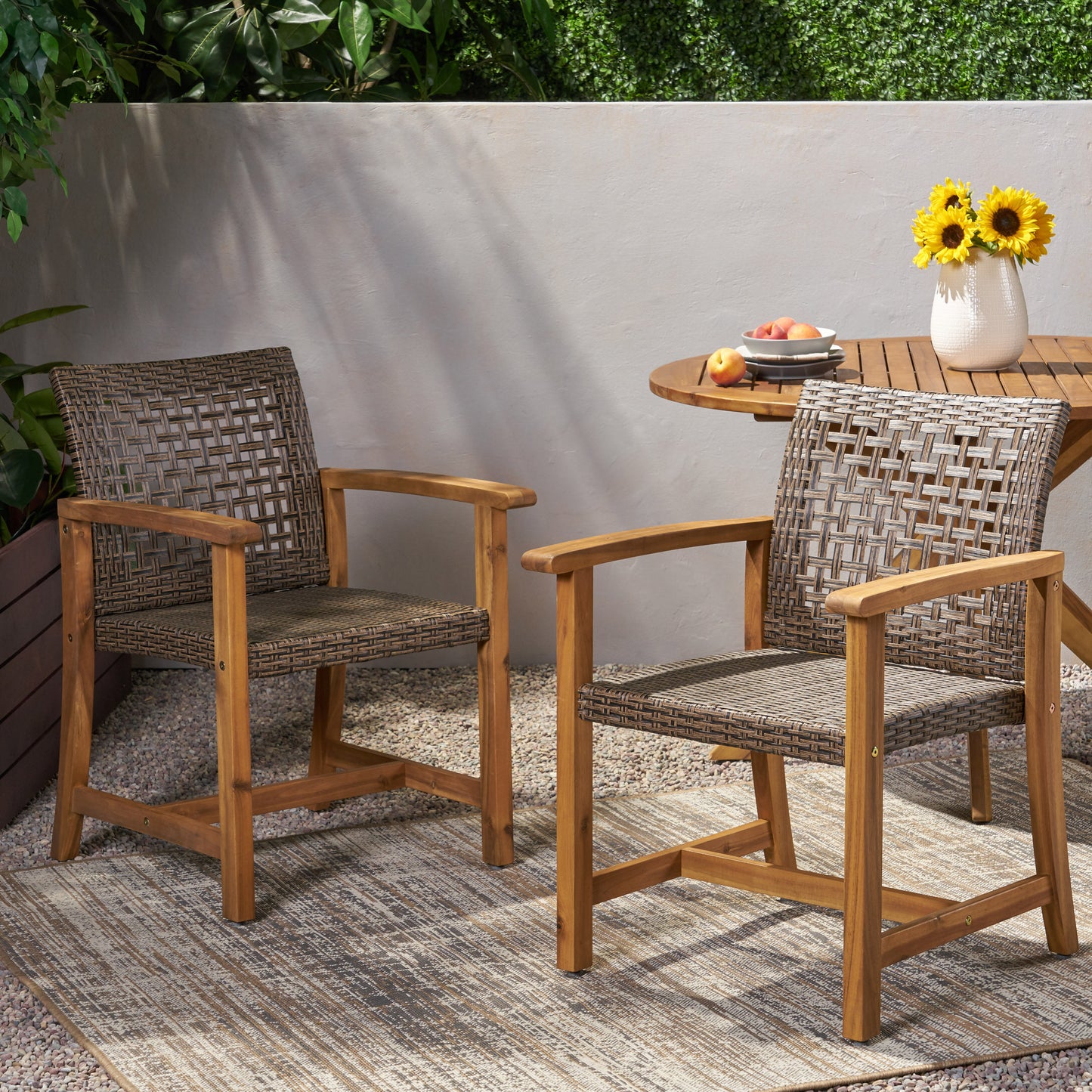Set Of 2 Wood And Wicker Dining Chairs For Kitchen, Contemporary Style, 23.75 Inch Length 26.25 Inch Width Brown