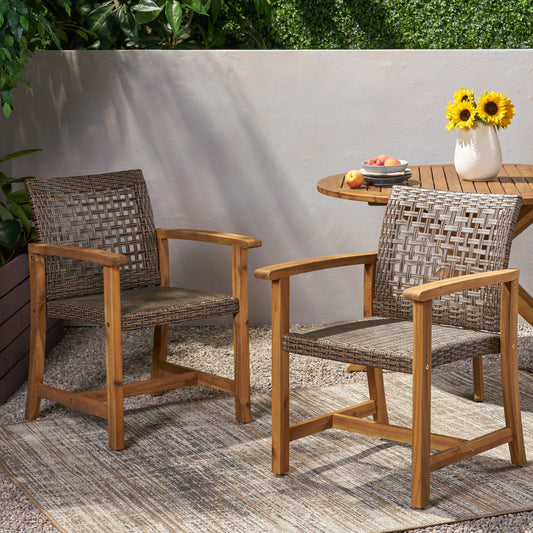 Set Of 2 Wood And Wicker Dining Chairs For Kitchen, Contemporary Style, 23.75 Inch Length 26.25 Inch Width Brown